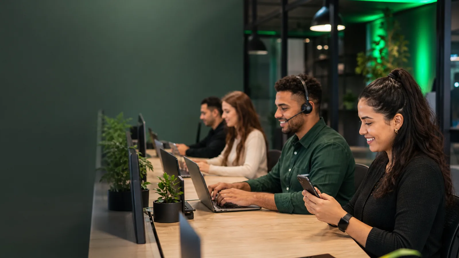 Equipe comercial atendendo clientes em ambiente digital